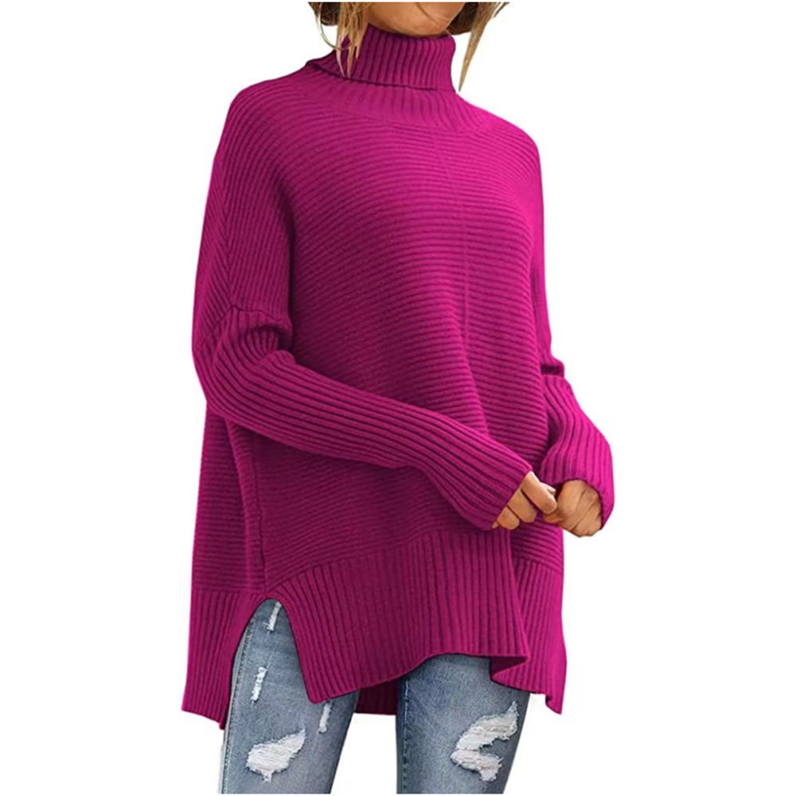 Dagegui Women's Oversized Turtleneck Sweaters Fall Drop Shoulder Long Sleeve Ribbed Knit Tunic Pullover Tops Hot Pink,XXL
