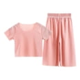 thumbnail image 2 of Qtocio Ensemble Décontracté d'Été 2 Pcs pour Grands Enfants, Haut à Manches Courtes en Soie Glacée Uni à Col Rond et Pantalon Droit, 2 of 5