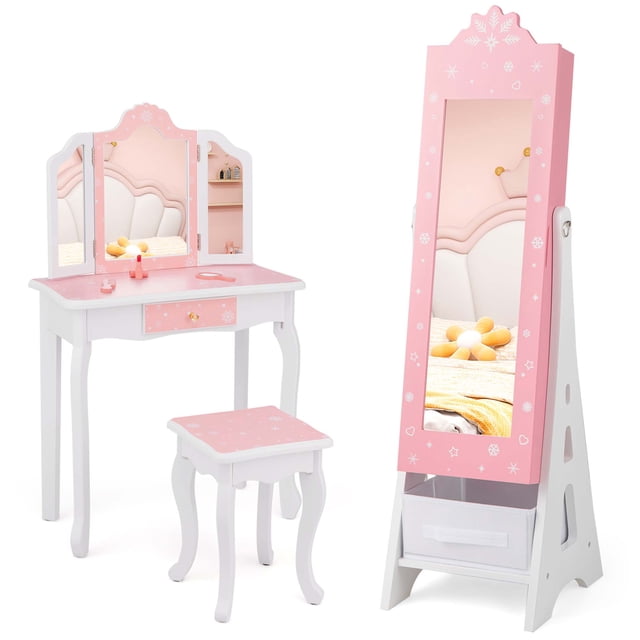 Costway Kids Vanity Set Princess Makeup Dressing Table & Chair Set with Jewelry Armoire Pink