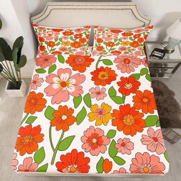 Erosebridal Vintage Groovy Flower Fitted Sheet Set Queen, Green Leaves Bedding Queen Size, Floral Room Decor 3-Piece (No Top Sheet)