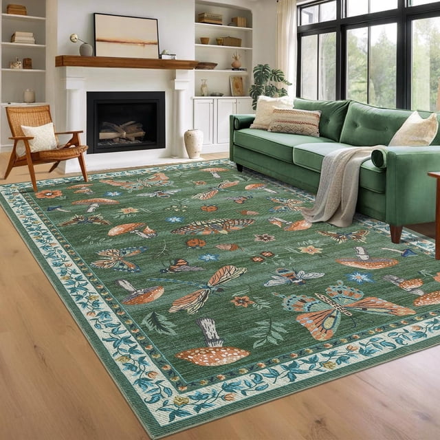 Garvee 8'x10' Modern Insect Floral Print Area Rug Washable Rugs, Stain-Resistant Non Slip Rug Foldable Indoor Carpet Low Pile Floor Mat for Living Room Bedroom Home Decor, Green