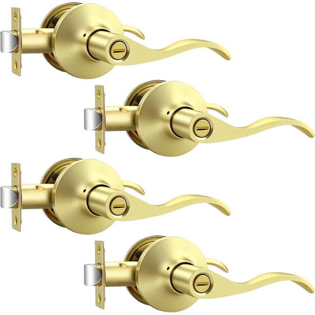 Poignées de Porte d'Intimité en Or Brossé pour Intérieur, Poignée de Porte Intérieure en Laiton Brossé Robuste avec Serrure, Style Ondulé, Sans Clé, Réversible pour Portes de Chambre et de Salle de Bain
