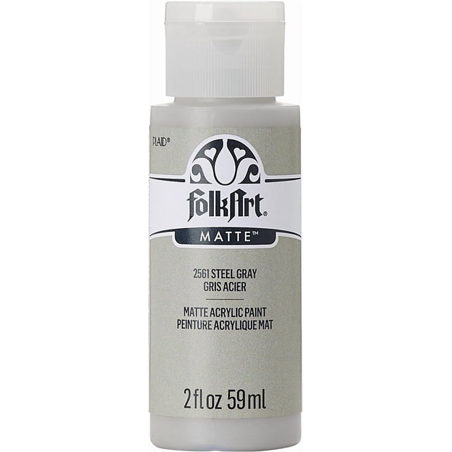 Folkart Matte Acrylic Craft Paint, 2 fl. oz., Steel Gray, close-up front view of a small plastic bottle with a white flip-top cap and matte steel gray label featuring the FolkArt logo and product details in black text, an artist-quality acrylic paint ideal for basecoating, stenciling, and various craft projects.