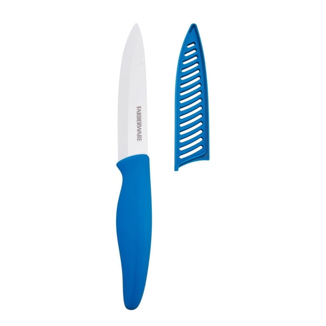 Farberware Ceramic 5inch Utility Knife with a white ceramic blade and blue soft grip handle, accompanied by a blue ventilated protective blade cover, suitable for precise cutting and safe storage in kitchen use.