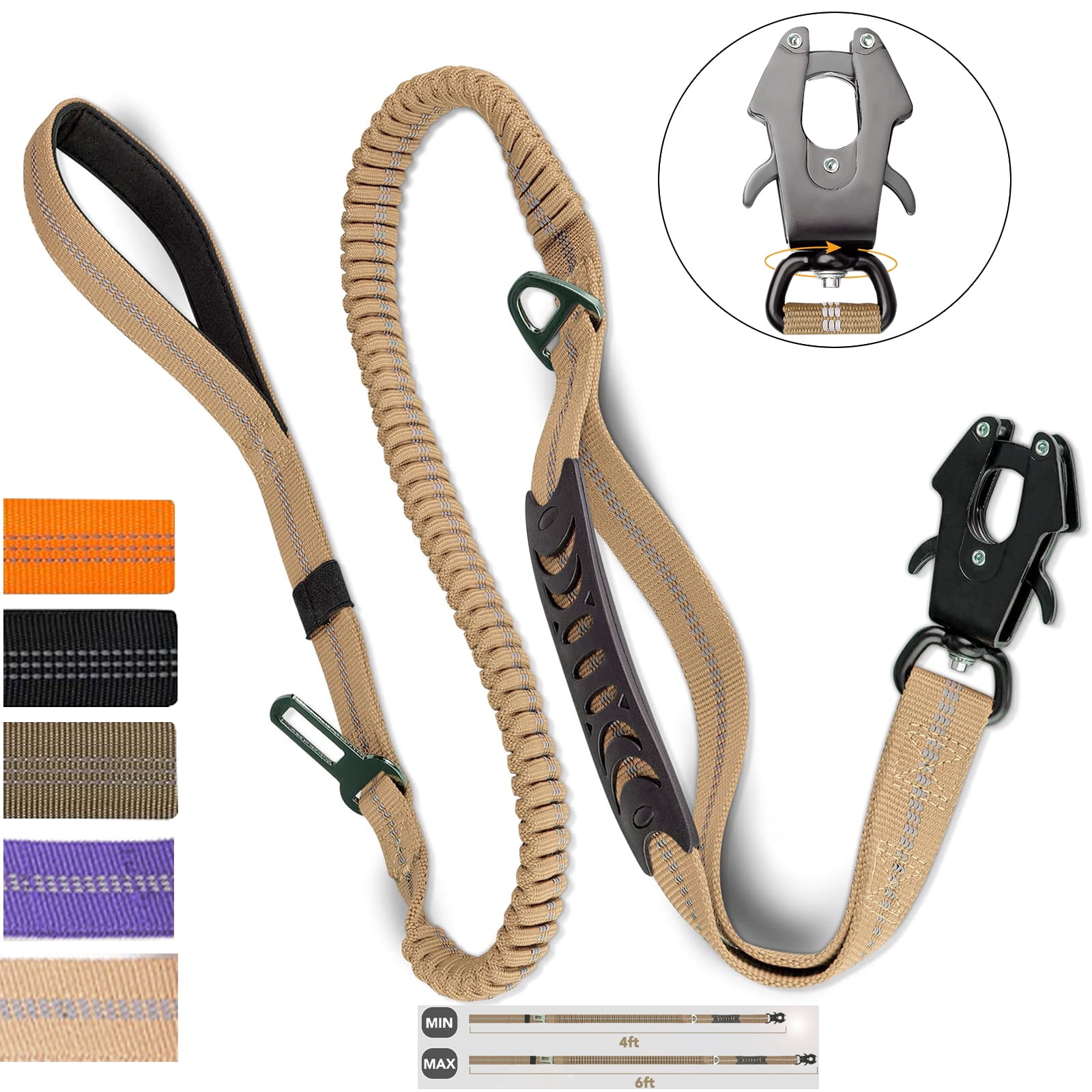 Heavy Duty Tactical Bungee Dog Leash, 4-6FT No Pull Dog Leash with Quick Release Carabiner, Reflective Shock Absorbing Leashes with Car Seatbelt for Medium Large Dogs