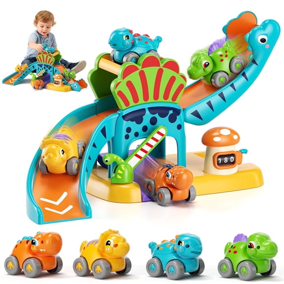 Jouet pour Enfant de 1 An, Voiture Jouet pour Garçons, Voiture Jouet Dinosaure, Glissade Dinosaure 5 en 1 et Stationnement avec 4 Voitures Jouets Pousser-et-Partir, Jouet Éducatif pour Tout-Petit Garçons Filles de 1 2 3 Ans Cadeau d'Anniversaire