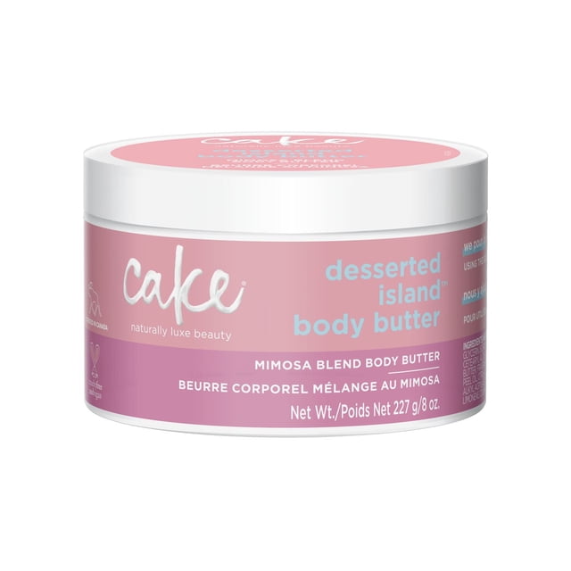 Cake Desserted Island Mimosa Body Butter cream in a pink round jar with white lid, labeled with product name and net weight 227 g/8 oz, featuring cruelty-free and vegan icons, designed for body care hydration and enhancing skin radiance with a tropical mimosa scent.
