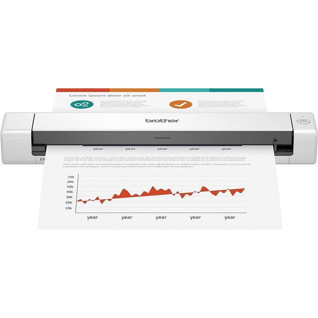 Brother DS-640 Compact Mobile Scanner, a portable document scanner with a white and grey design, shown front-facing scanning a document with a red line graph and placeholder text, featuring the Brother logo on top and a start/stop button on the right, USB-powered and ideal for scanning documents on the go.