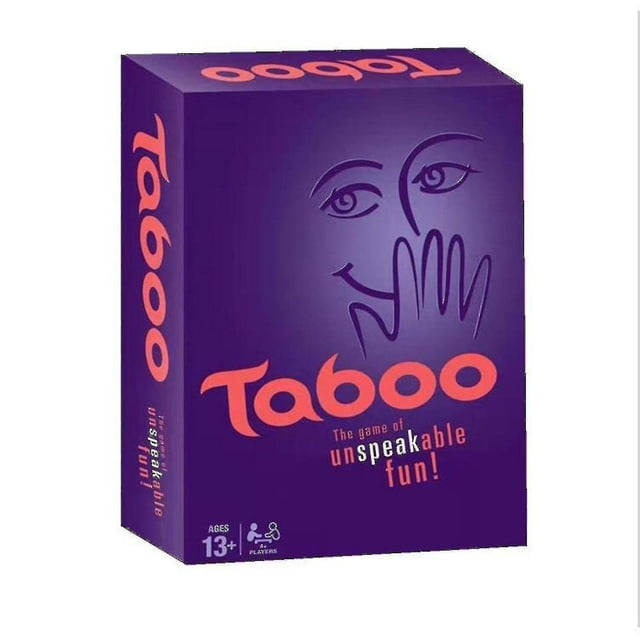 Taboo Game Classic Hourglass Timing Family Board Game WHBYV in a purple box with bold orange 'Taboo' text and tagline 'The game of unspeakable fun!' Designed for ages 13+ and 4+ players, this classic party game includes durable coated paper cards and English instructions.
