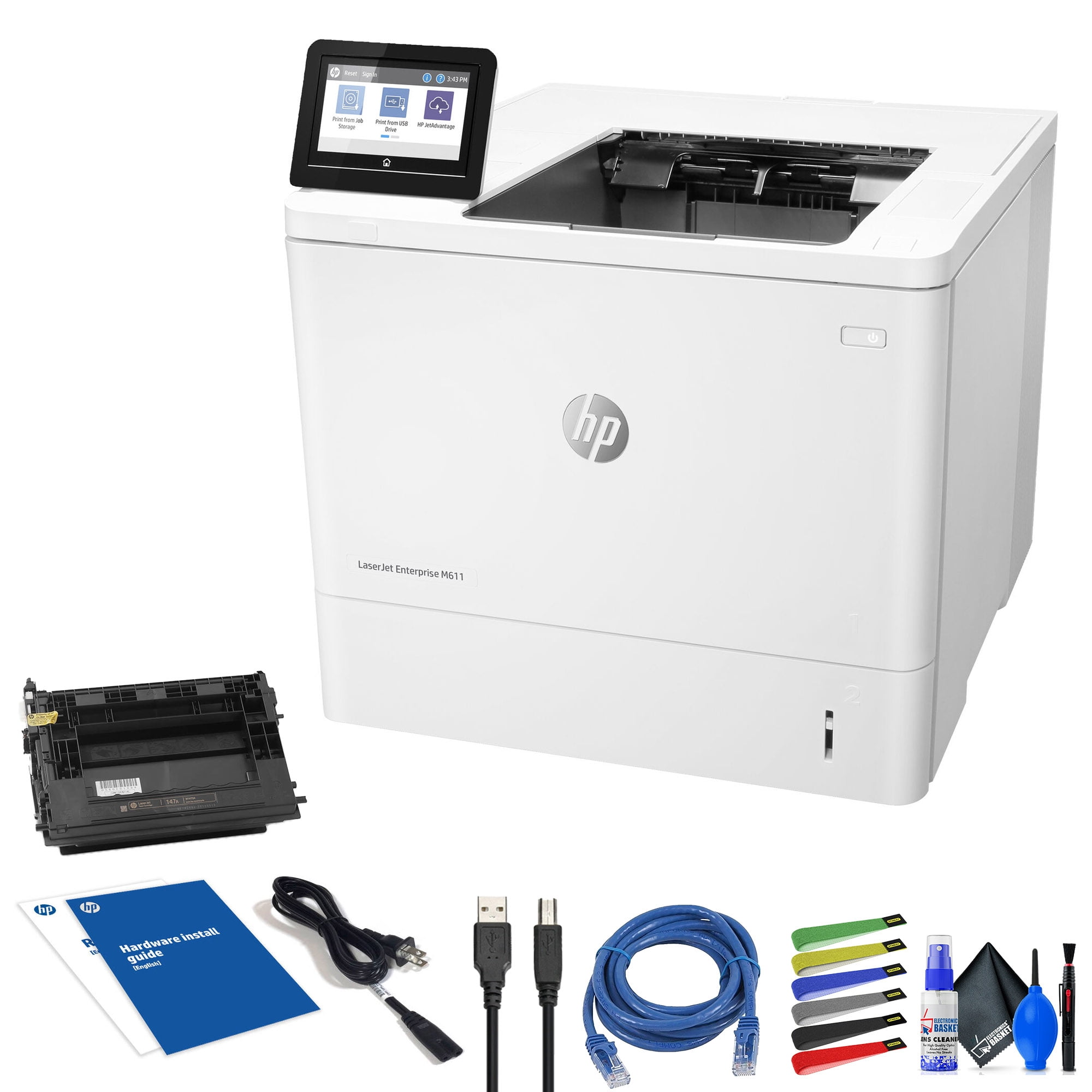HP LaserJet Enterprise M611dn Monochrome Laser Printer with Duplex Printing & Ethernet (7PS84A#BGJ) Bundle with USB Cable, Ethernet Cable & Cleaning Kit (No Manufacturer Warranty)
