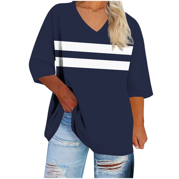 biudgviw Women's Plus Size Tops Color Block 3/4 Sleeve Tunic Tops Oversized Casual V Neck Basic Tees Fall Trendy Clothes