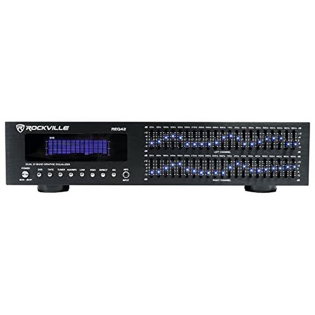 Rockville REQ42-B Black 19" Rack Mount 2 x 21 Band Equalizer w/Spectrum Analyzer 19-inch rack-mount dual-channel graphic equalizer with 21+21 sliders (42 bands), blue LED slide indicators, multi-color spectrum analyzer display, dual VU meters, front 3.5mm MP3/iPod input, RCA stereo inputs and RCA outputs, black metal chassis with removable rack ears, suitable for live sound or studio tone shaping.