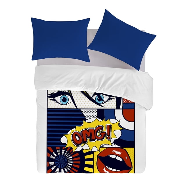 Gouchee Home Comics Bleu Ensemble Housse de Couette Grand 3 Pcs avec design pop art Montrant des Yeux Bleus, des Lèvres Rouges et une Bulle de Discours OMG Jaune sur Blanc percale de Coton 100 % OEKO-TEX Certifié, Incluant Deux Cache-Oreillers Bleus, Respirant et Lavable à la machine pour un Entretien Facile.