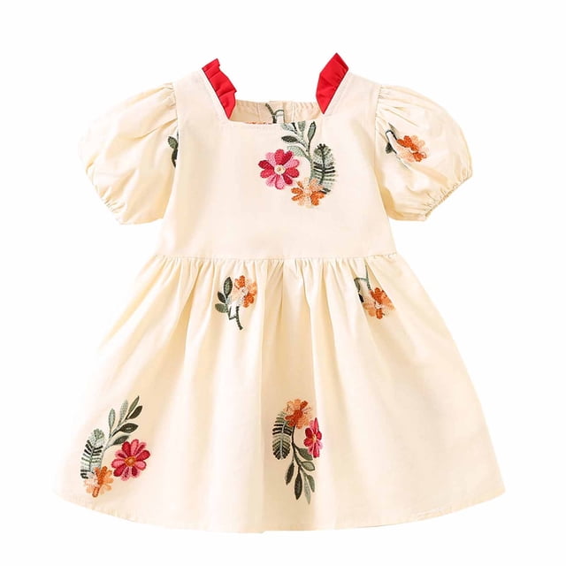 RXIRUCGD 2025 Vêtements d'Été pour Enfants Robe à Manches Courtes Brodée Motif Jupe