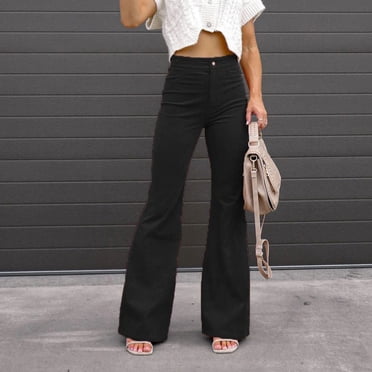 Levmjia Women's Jeans Plus Size Pants Clearance Summer Women's Fashion Slim Fit Comfortable Solid Color Pocket Casual Flared Pants Black