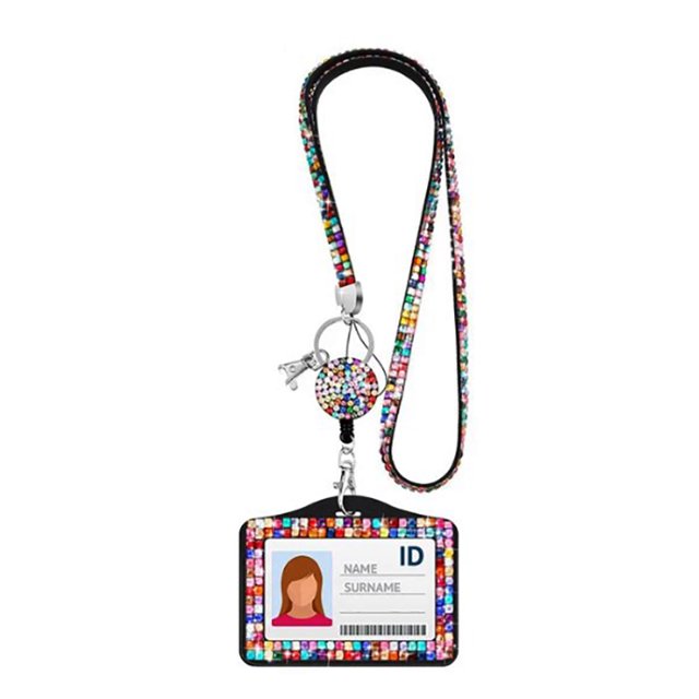 New Rhinestone Badge Holder ID Lanyard Bling Crystal Necklace Strap Badge Card Holder Protector Case Retractable Hanging Rope MulticolorHorizontal