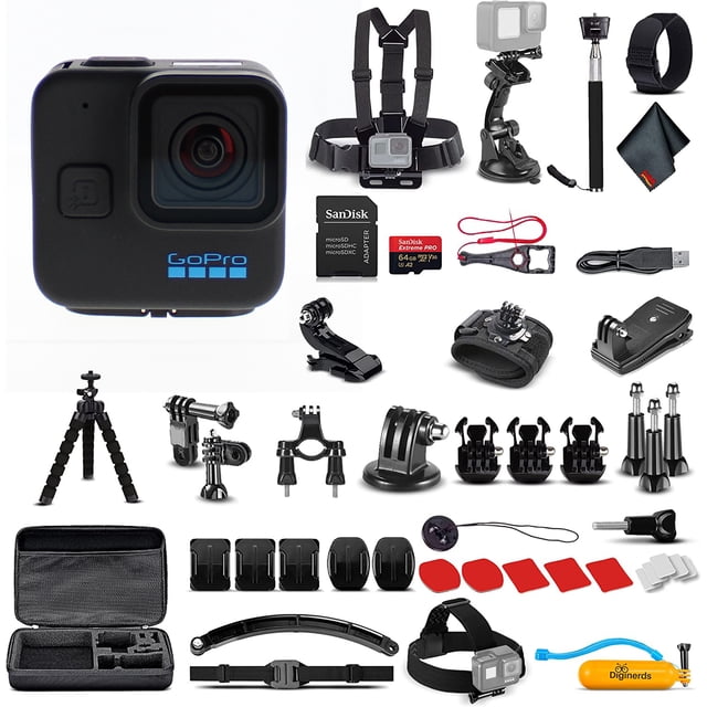 GoPro HERO11 Black Mini waterproof action camera with 50-in-1 accessory bundle, featuring mounts, straps, a tripod, a Sandisk Extreme Pro 64GB microSDXC card, a microfiber cloth, and a carrying case. The camera offers 5.3K Ultra HD video, 24.7MP photos, HyperSmooth 5.0 stabilization, and is waterproof up to 33 feet. Ideal for capturing action-packed moments and compatible with various accessories for versatile use.