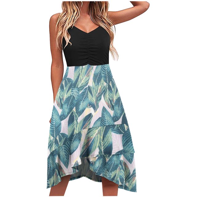Pisexur Robe Sans Manches à Col en V Mode Robes pour Femmes Col en V Été Imprimé Décontracté Sans Manches Vacances Plage Longueur Genou Robe Femme Robe