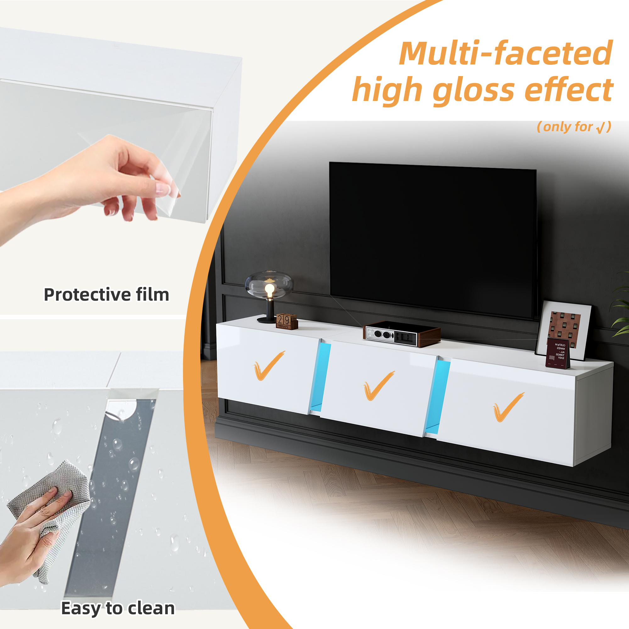 Homy Casa meuble télé flottant 64,9 po avec DEL, 3 portes et 5 compartiments pour téléviseur 65 po