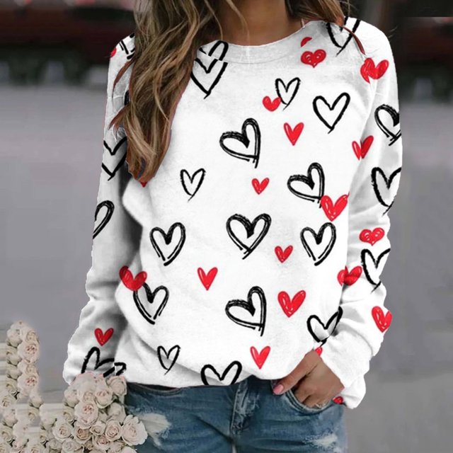 Chemise de Saint-Valentin pour Femmes 2024 Col Rond Chemises Décontractées Cœur d'Amour Graphiques Tees Manches Longues Amples Pull Tops Mode Vacances T-Shirt