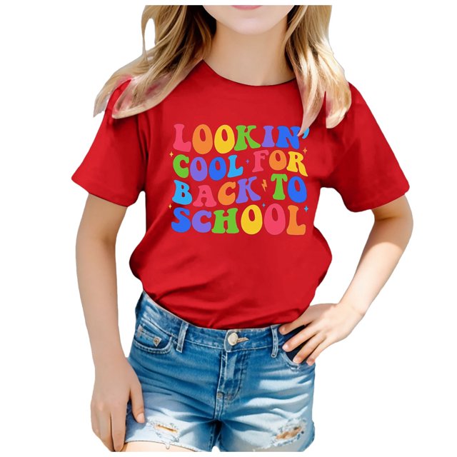 WEAIXIMIUNG Chandails de Sport pour Filles 10-12 Enfant Rentrée des Classes Saison Imprimé Graphique Col Rond Manches Courtes T-Shirt d'Été Décontracté