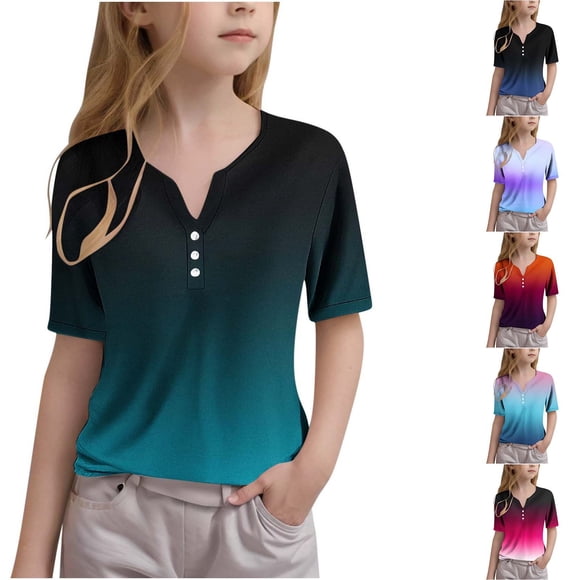Feancey Boys Girls Henley Shirts 2025 Dressy Trendy Gradient Printed T-Shirts Short Sleeve Tops Toddler Kids Casual V Neck Button Blouse Summer Sales Hot Pink 9Years