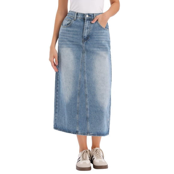 INSPIRE CHIC Denim Maxi Skirt for Womens Elasticated Waist Washed A Line Long Jean Skirt L Blue