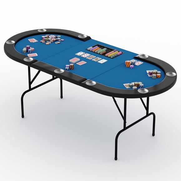 Oval Poker Table with Collapsible Legs, 10 Player Blackjack Gaming Table, Casino Leisure Table with Cup Holders