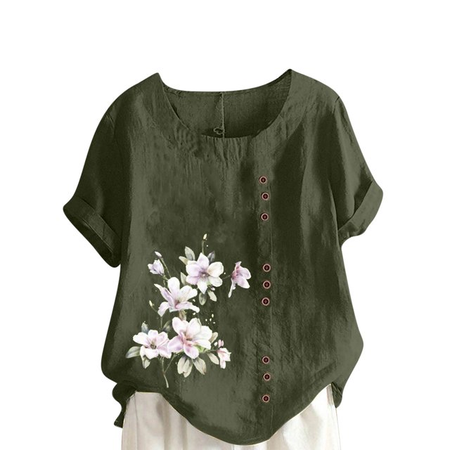 Cameland Hauts pour Femmes Col Rond Manches Courtes Imprimé Floral Chemise Ample