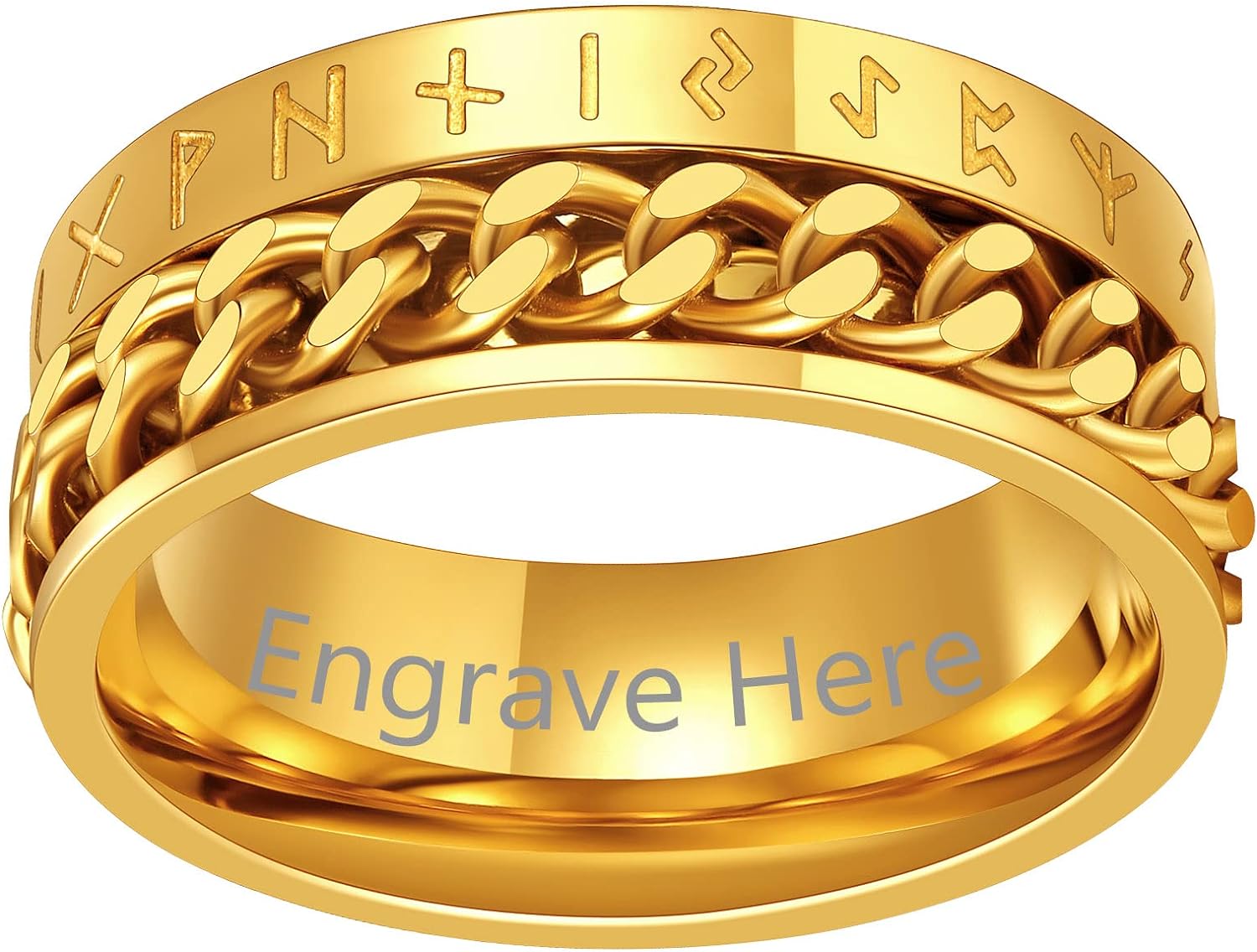 ORUYROP Can Engrave Viking Rune Spinner Rings for Men/Women, Size #7-#14 Chain Link Fidget Ring, Stainless Steel/Gold Plated/Black-Send Gift Box