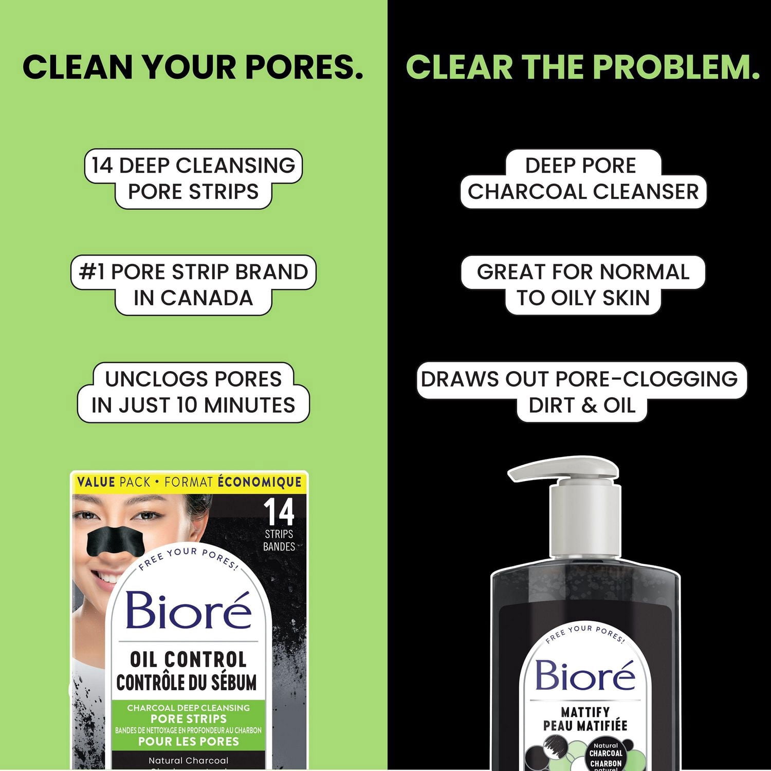 Paquet Boni! Bioré Bandes pour les Pores au Charbon Nettoyage en Profondeur Format Économique (14 Unités) & Bioré Nettoyant au Charbon pour Pores en Profondeur, Nettoyant pour le Visage pour Peau Grasse (200mL)