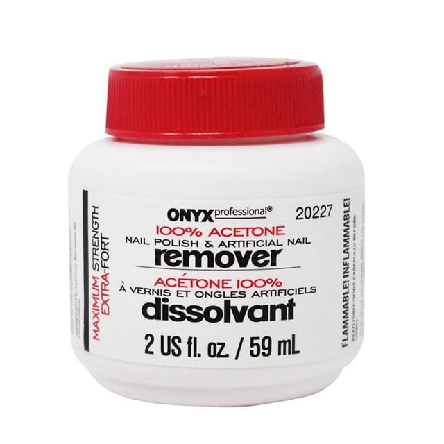 Onyx Professional 100% Pure Acetone Maximum Strength Nail Polish Remover in a white 2 oz. jar with a red lid, designed for quick removal of nail polish, artificial nails, gel, and glitter polish, offering professional-grade nail care.