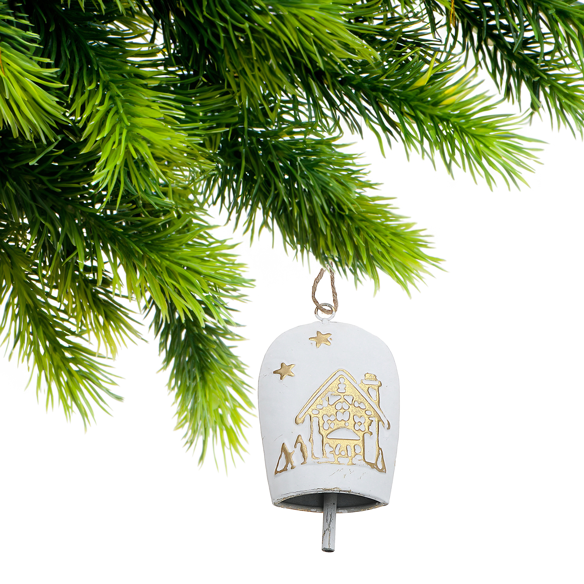 White & Gold Metal Embossed Cow Bell Ornament - Set of 4