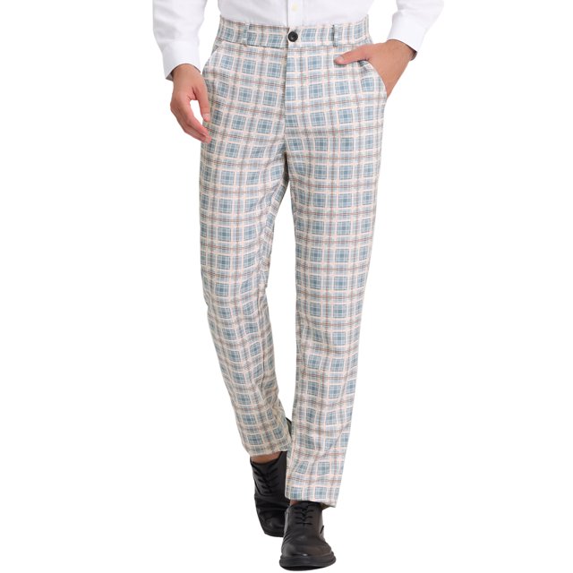 INSPIRE CHIC Work Pants for Men Plaid Business Formal Prom Checked Trousers 34 Blue Pink