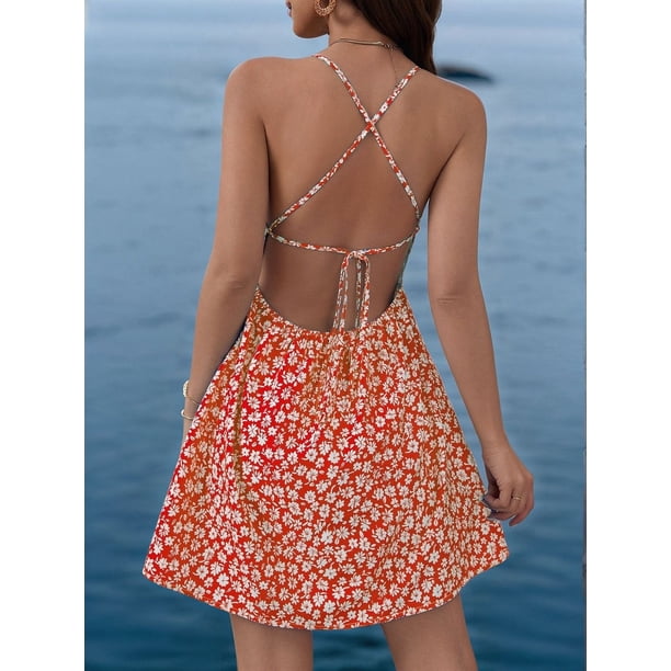 floral backless mini dress Women'S Summer Ditsy Back Tie Back Sleeveless Red S 90s Fashion in Photos: Category:Semi Formal Size:Small 8-10 23.5 Hips