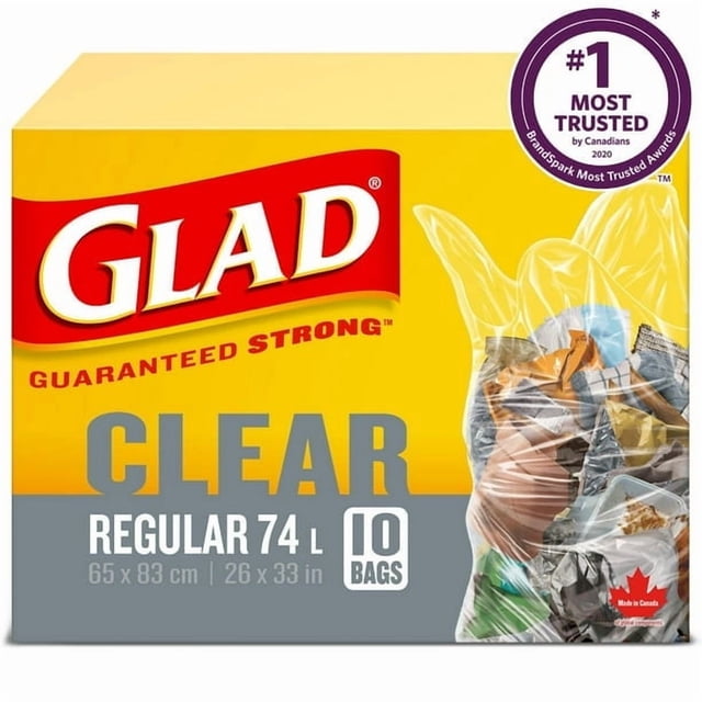 Glad Sacs à Ordures Transparents - Réguliers 74 Litres - 10 Sacs à Déchets, Solides Garantis