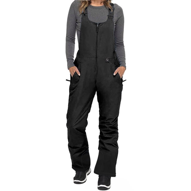 Womens Classic Ski Snow Bib Overalls Windproof Waterproof Insulated Ripstop One-Piece Jumpsuit in black. Designed with adjustable shoulder straps, sleeveless construction, side pockets, and a durable zipper. Ideal for skiing, hiking, and other outdoor activities. Categorized as snowpants and outerwear.