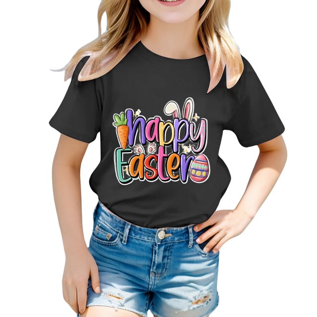 MIASHUI T-Shirt à Manches Courtes Imprimé Graphique de Pâques pour Filles Garçon, Noir, 8-9 Ans