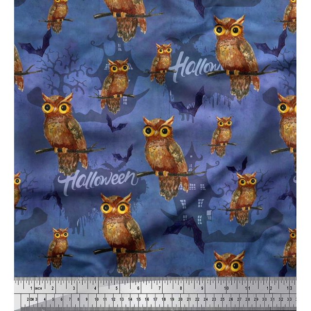 Soimoi Modal Satin Fabric Owl,Bat & Haunted House Halloween Decor Fabric Printed Yard 42 Inch Wide