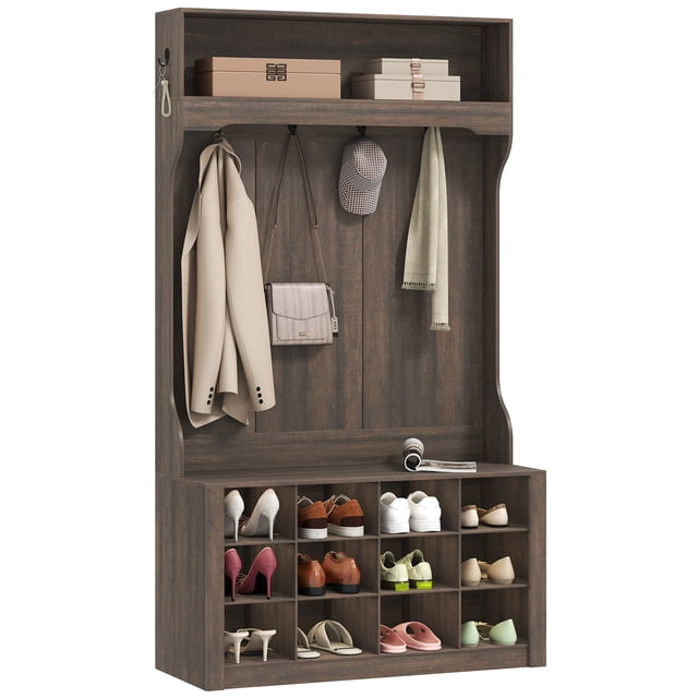 HOMCOM Hall Tree avec Banc et Casiers de Rangement pour Chaussures pour l'Entrée, Brun. Meuble d'Entrée Style Ferme Brun Foncé avec 12 Casiers à Chaussures, six Crochets Doubles pour Manteaux et Sacs, et une Tablette Supérieure pour l'Exposition. Fait de Panneau de Particules et de MDF, Supporte jusqu'à 265 Lb sur le Banc et Comprend une Trousse Anti-Basculement pour la Stabilité, Idéal comme solution de Rangement.