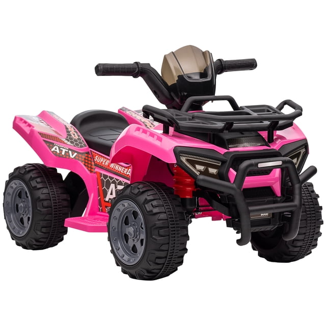Aosom VTT 6 V pour Enfants avec Musique, Voiture à 4 Roues à Batterie Powered Ride en Rose. Ce Véhicule à Chevaucher Présente une Conception Robuste avec Quatre Pneus Larges Texturés pour une Conduite Fluide sur Divers terrains. Il Comprend un Bouton sur le Guidon pour un Mouvement vers l'Avant à une Vitesse de 1,24 Mi/h, une Musique Intégrée pour une Expérience Engageante, et une Batterie 6 V rechargeable avec une Autonomie de 45 minutes par charge. Conçu pour les Enfants de 18 à 36 Mois, Il a une Capacité de charge de