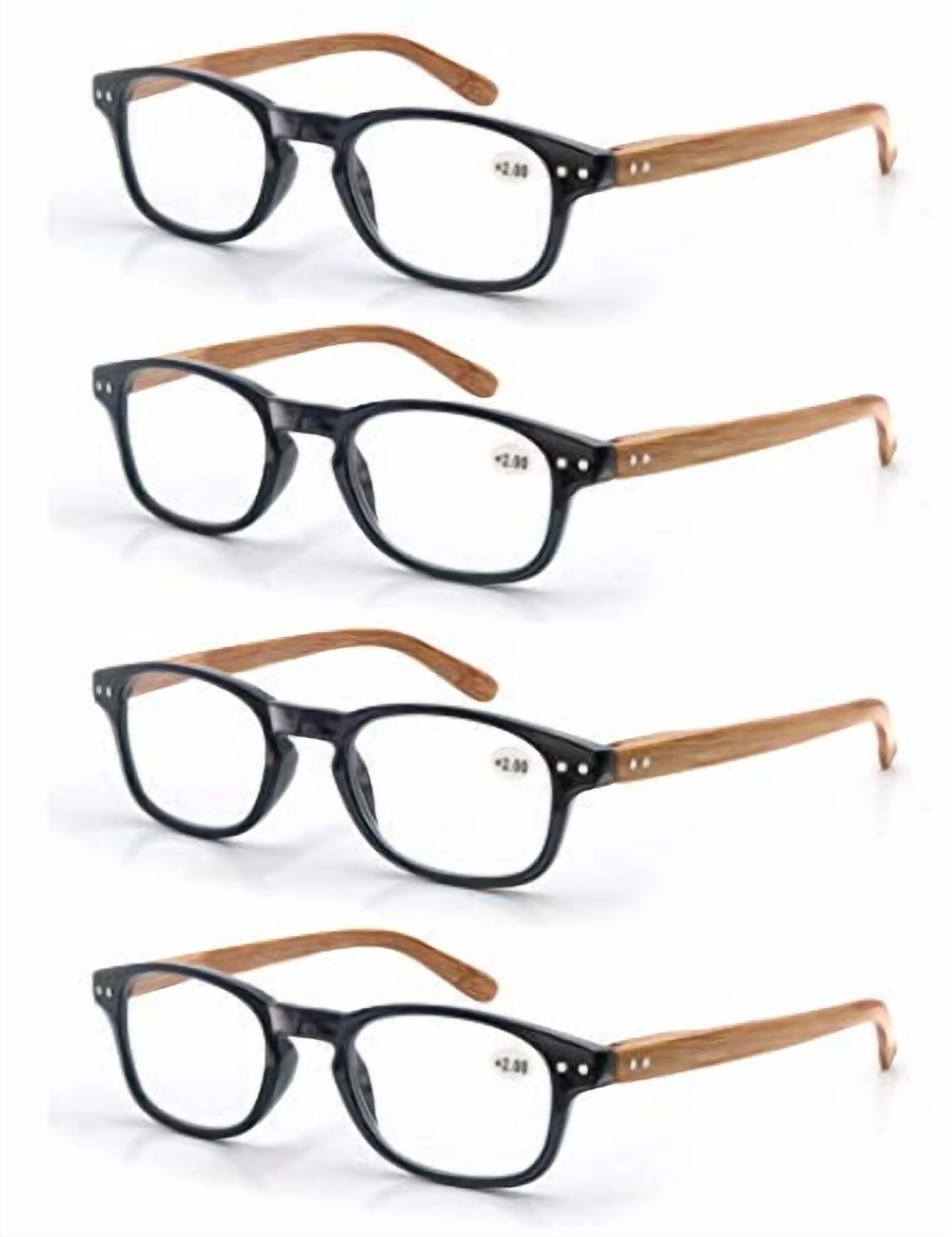 4 Pack Reading Glasses 1.0 Fashion Wood-Look Spring Hinges Stylish Readers Men Women Black