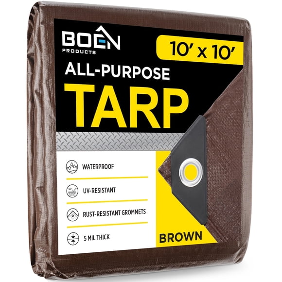 Multi-Purpose Large Tarp Waterproof Cover | Brown 10' x 10' 5 Mil Thick | Rip Proof Tarps | Thick Weave Material UV Resistant Great for Tarpaulin Canopy Tent Boat RV or Pool Cover