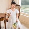 thumbnail image 3 of LEEy-world Filles Robes Filles Puff Manches Courtes Cou Carré Cravate avant Évasé une Robe de Ligne, Blanc, 3 of 5