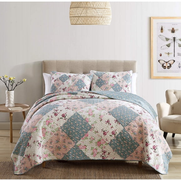 Chemzoi Collection Jolie Ensemble de Courtepointe Patchwork à Losanges Réversible 3 Pcs de Jardin Floral Vintage Lavé 100 % Coton, Très Grand Lit