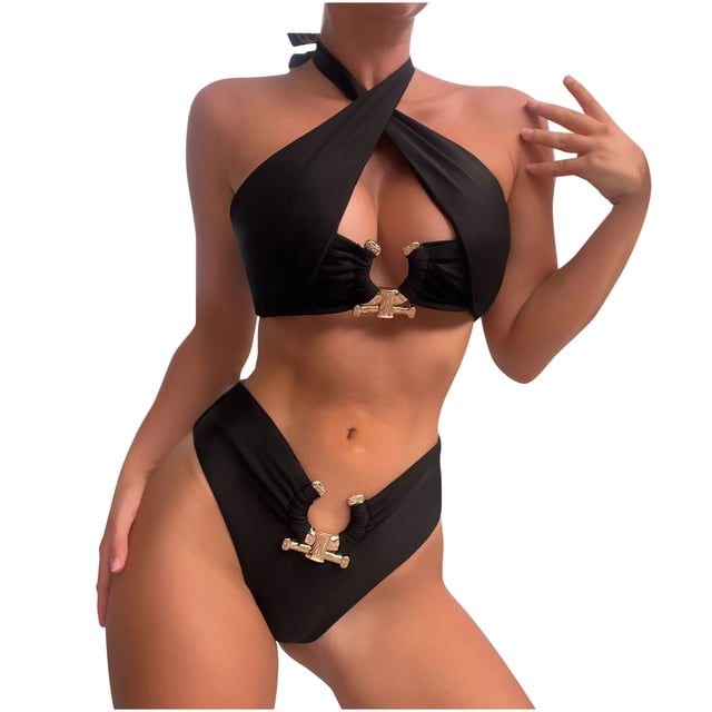 EGNMCR Bikini Set Women's Split Body Halter High Waist Solid Bikinis Sets