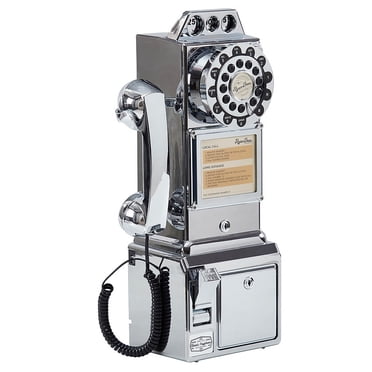 Ryan Bros. American Retro 1950's Payphone with Coin Bank Wall-Mount Corded Phone (Silver Chrome)