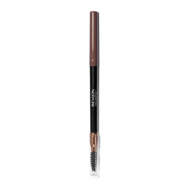 Revlon ColorStay Waterproof Longwearing Eyebrow Pencil with retractable angled tip and spoolie brush with clear cover, black pencil body with brown cap, designed for precise, waterproof, 24-hour eyebrow definition and grooming.