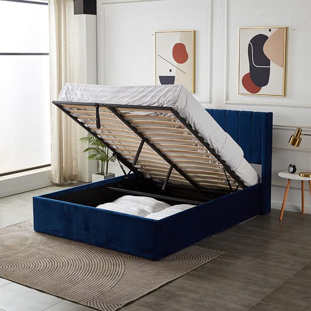 Velets Oliver Queen Size Lift Up Bed Frame Storage Platform Bed with Wingback Headboard Upholstered Bed Frame, Velvet Fabric with Hydraulic Support Bars, Blue