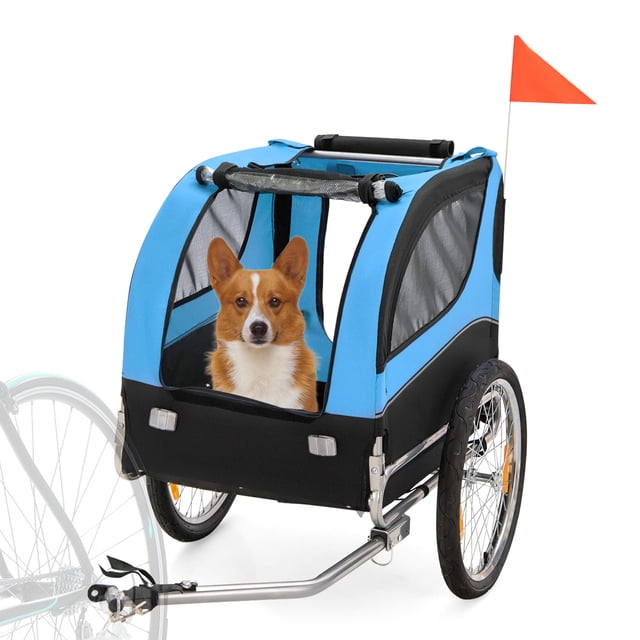 Costway Remorque pour Chien Pliable, Chariot pour Animal de Compagnie avec 3 Entrées pour le Voyage, Présentée en design Bleu et Noir avec un Petit Chien à l'Intérieur. la Remorque Présente des Fenêtres en Maille pour la ventilation, un Drapeau de Sécurité Rouge et de Grandes Roues pour une Conduite Fluide. Elle Est Fixée à une Bicyclette et Comprend un Cadre en Acier Robuste et un Tissu oxford pour la Durabilité. la Remorque Est Pliable pour un Rangement Facile et Convient aux Animaux de Petite à Moyenne Taille jusqu'à 88 Lb.